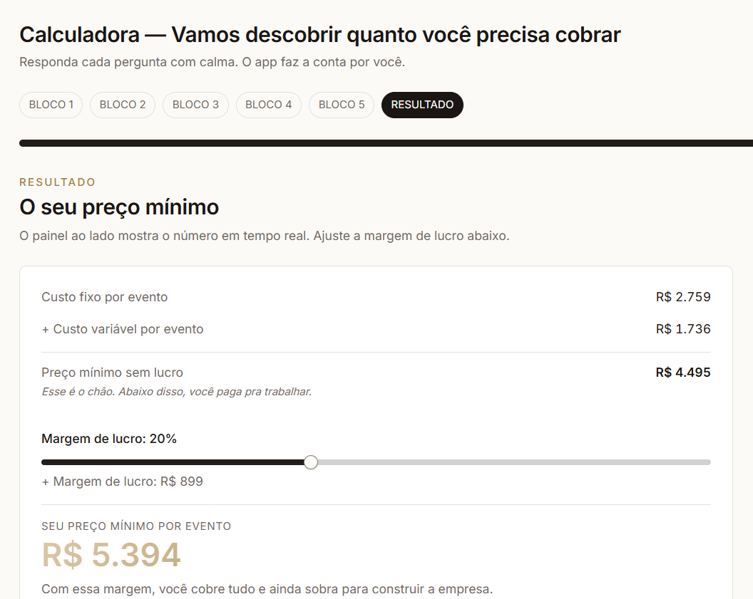 Tela de preenchimento da calculadora Precifique Certo